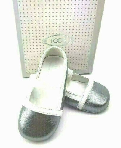 TOD’S TOD'S BABY Ballerine Italiane in Pelle Argento con Bianco US TAGLIA 4 NUOVISSIME!