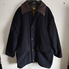 VTG JCB Coat Mens M Navy Wool Embroidered Leather Look Quilt Lined Pockets Long
