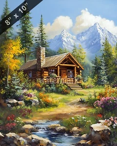 A Western log cabin with a rustic garden oil Painting 8x10 Print - Picture 1 of 1