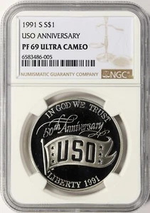 1991-S Proof $1 USO Anniversary Commemorative Silver Dollar NGC PF69UCAM - Picture 1 of 2