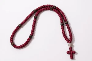 Cuerda de oración 100 nudos borgoña con cuentas de madera marrón oscuro cristiano ortodoxo - Imagen 1 de 4