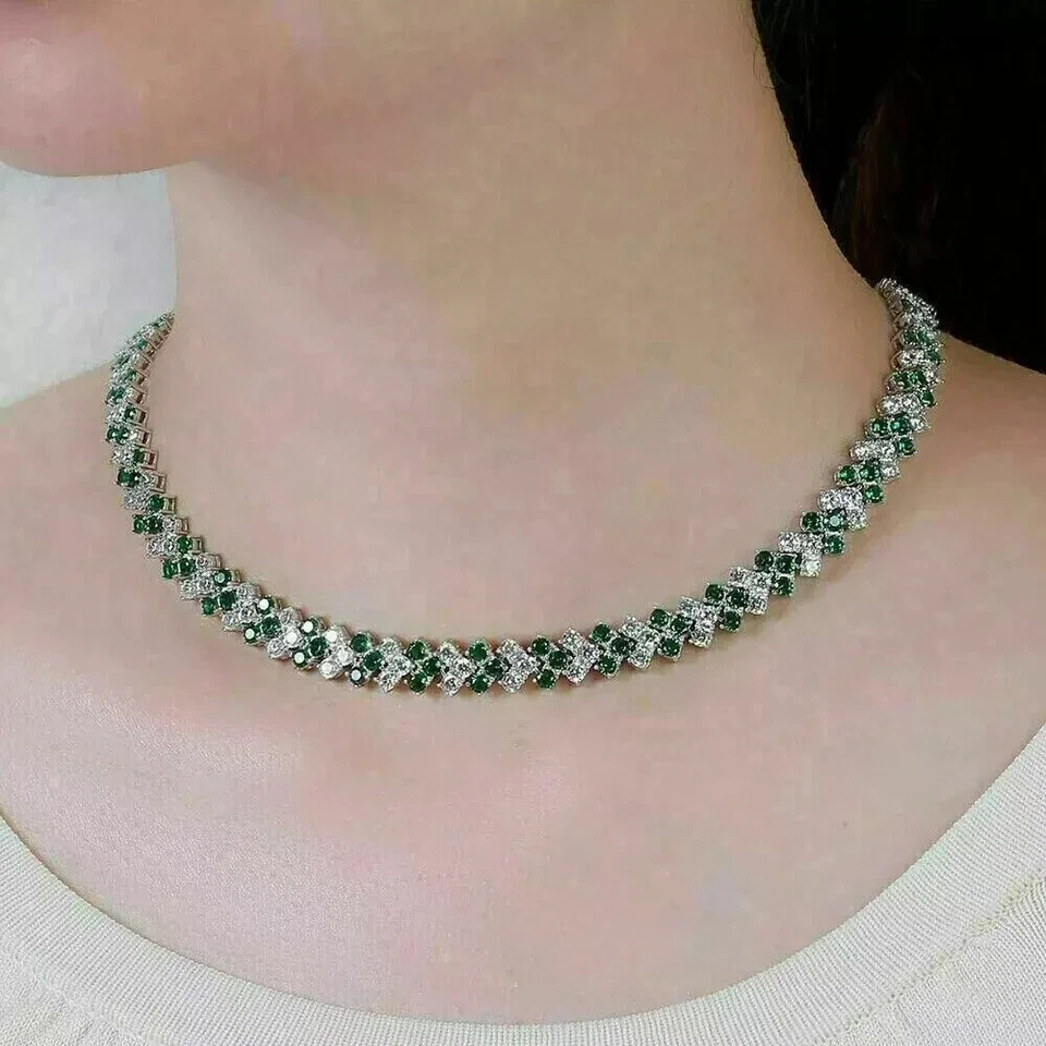 30 Ct Round Cut Lab Created Green Emerald 14K White Gold Plated Tennis Necklace - Image 1 of 3