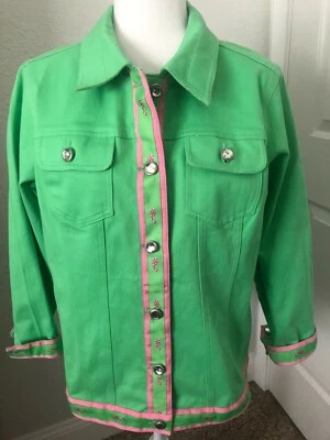 New S QUACKER FACTORY Green Pink Dot WHALES RHINESTONE Button JEAN JACKET Top - Image 1 of 4
