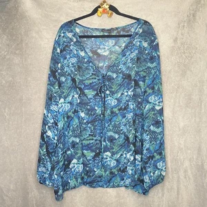 Mixit 3X Shirt Top Blue Abstract Keyhole V Neck Long Sleeve Sheer Casual Womens - Picture 1 of 5