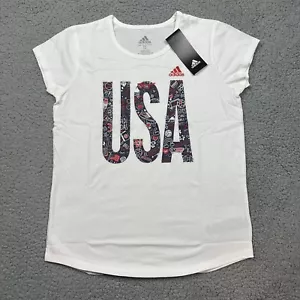 Adidas Shirt Girls Large 14 White Short Sleeve Sports Doodle Lightweight Tee USA - Picture 1 of 9