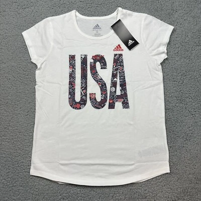 Adidas Camisa Niñas Grande 14 Blanca Manga Corta Deportes Doodle Camiseta Ligera EE. UU. Foto 1 de 4