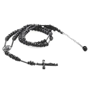 8 mm Black Bead Rosary Pray Hand Jesus Cross Chain HR 200 BK - Picture 1 of 7