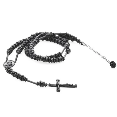 8 mm Black Bead Rosary Pray Hand Jesus Cross Chain HR 200 BK - Image 1 of 4