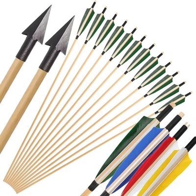 32" Archery Wooden Arrows Hunting Arrowheads 5" Feather Recurve Bow Longbow - Image 1 of 4
