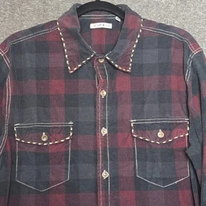 32 Bar Blues Corduroy Shirt Mens Sz M Red Buffalo Check Contrast Button Up Y2K - Picture 1 of 10