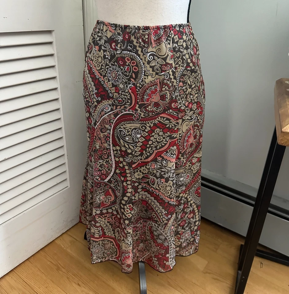 DRESSBARN Skirt Womens 12 Brown Paisley Chiffon Midi Fairy Grunge Retro Y2K Fall - Image 1 of 4