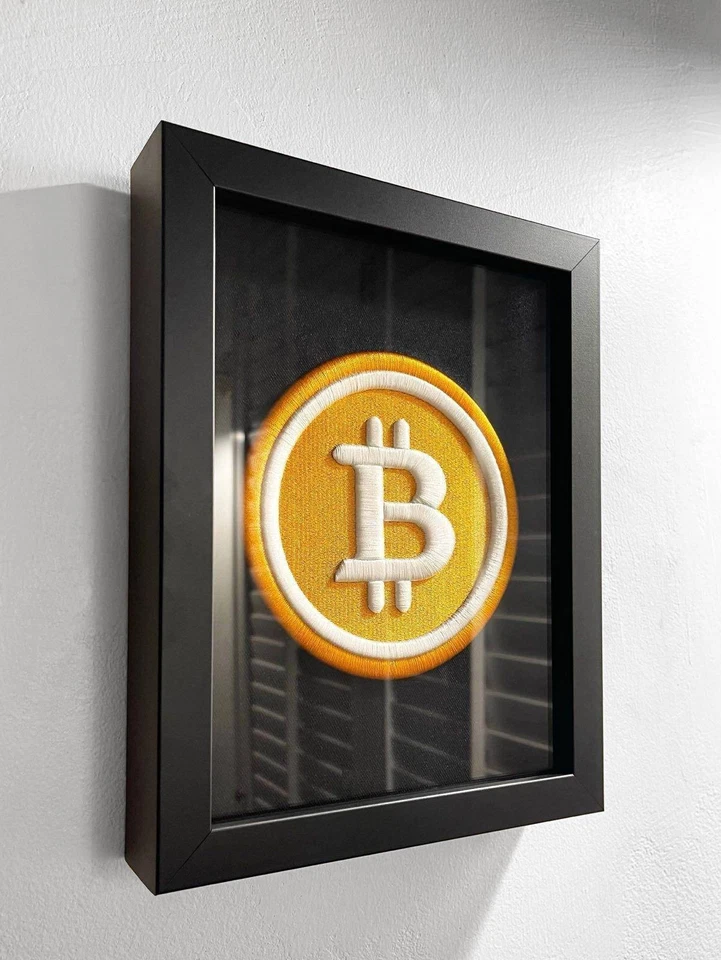 OriginalBTC-Bitcoin Logo 3D Embroidery Artwork in Matte Black Thick Frame Crypto - Image 1 of 4