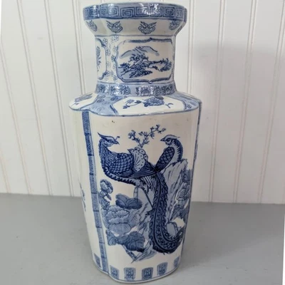 Винтажная сине-белая ваза феникс птица цветочный фарфор 14 дюймов высота - Изображение 1 из 4