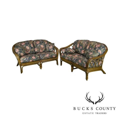 Quality Rattan Pair Curved Back Loveseats w/ Custom Floral Upholstered Cushions Cover