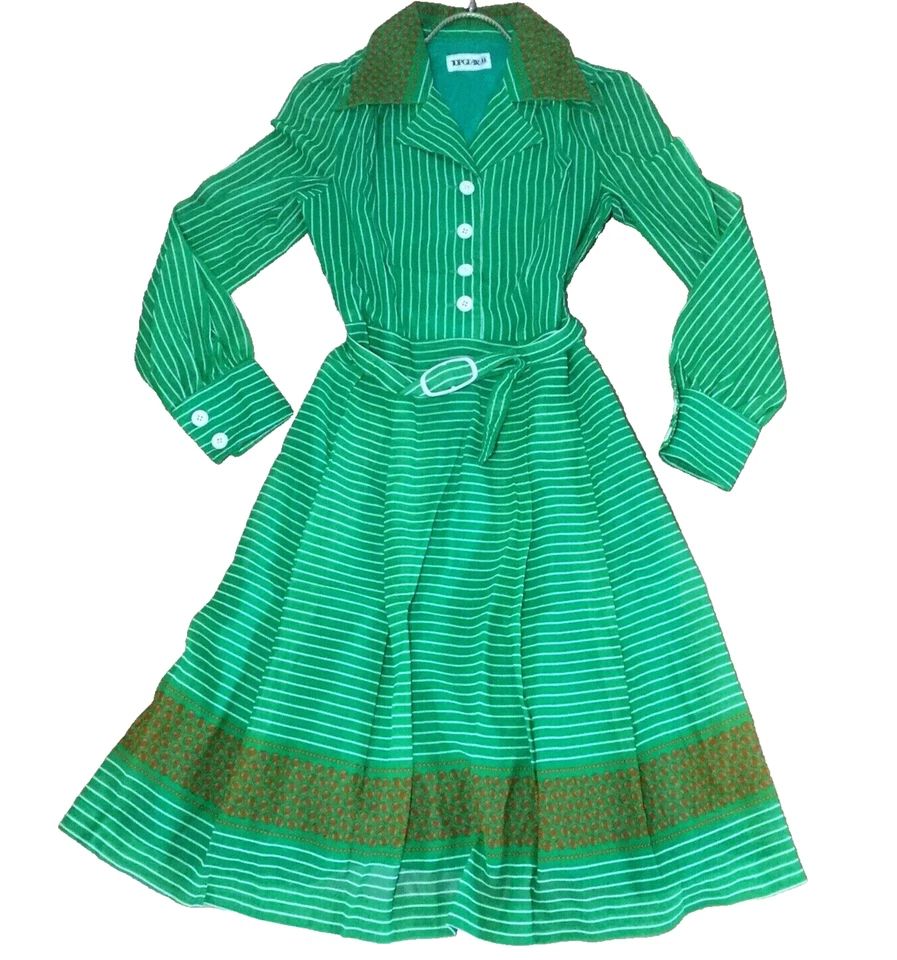 Vestido vintage TOPGEAR 11 manga larga verde cinturón detalle rayas circa años 60 70 Foto 1 de 4