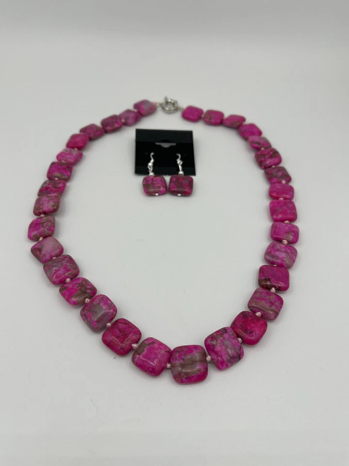 Collar y aretes colgantes con cuentas cuadradas de piedras preciosas de ágata de encaje loco rosa natural Foto 1 de 1
