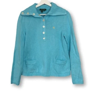Lauren Ralph Lauren Damen Gr. L Knopf Zopfmuster Blau Kragen Baumwolle Pullover - Bild 1 von 13