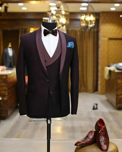 Men Burgundy Suit Designer Wedding Grooms Tuxedo Dinner Suit (Jacket+Vest+Pants) - Picture 1 of 3