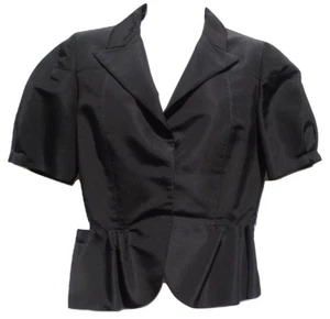 OSCAR DE LA RENTA R08 Black Silk Twill Short Sleeve V Neck Snap Front Jacket 4 - Picture 1 of 12