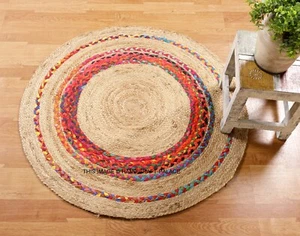 RUG ROUND Circle Coloured colour Jute Floor mat Carpet Chindi Brown Indian 97cm - Picture 1 of 3