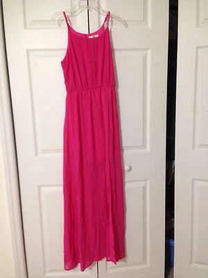 Vestido maxi longo novo com etiquetas Ya Los Angeles fúcsia rosa plissado alças de espaguete pequeno - Imagem 1 de 3