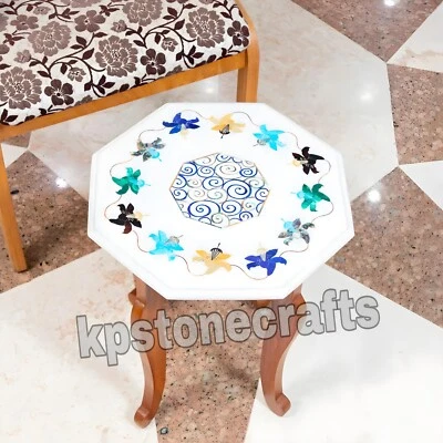 White Marble Inlay Tabletop 16"x16" – Semi-Precious Stone Design – Handmade - Image 1 of 4