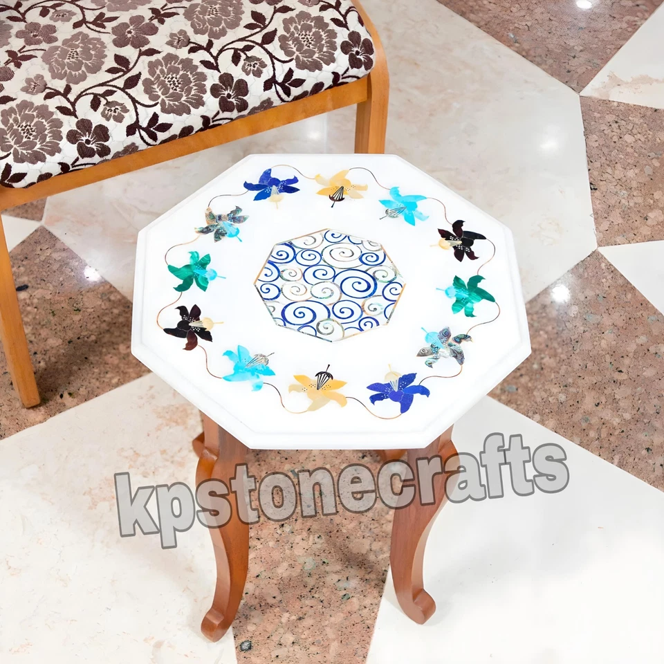 White Marble Inlay Tabletop 16"x16" – Semi-Precious Stone Design – Handmade - Image 1 of 4