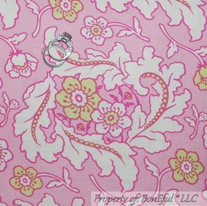 BonEful Fabric FQ Cotton Quilt Pink White Green Fresh Cut Flower Toile Leaf SALE - Picture 1 of 6