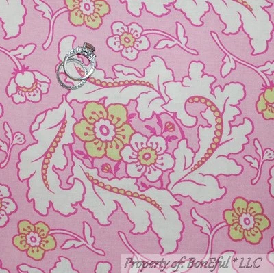 BonEful Fabric FQ Cotton Quilt Pink White Green Fresh Cut Flower Toile Leaf SALE - Image 1 of 4