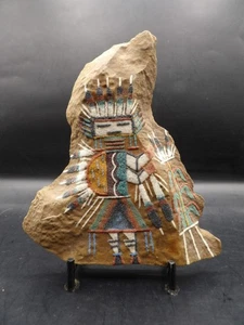 Vintage Navajo Sand Painting on Rock Signed Bega with Stand - Picture 1 of 8