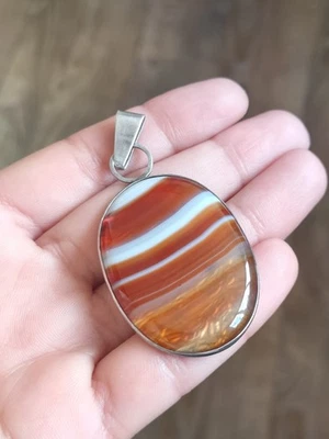 Vintage Large PD 925 Sterling Silver Banded Agate Pendant, 15.4 g — 第 1/4 张图片