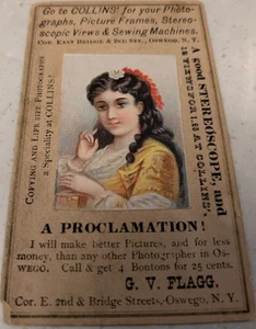 Victorian Trade Card Collins Gallery Oswego, G.V. FLAGG STEREOSCOPE OSWEGO, NY - Picture 1 of 2
