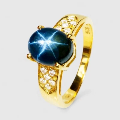 24K GOLD 925 STERLING SILVER RINGS THAILAND BLUE STAR SAPPHIRE 1.80CT SIZE 6 - Image 1 of 4