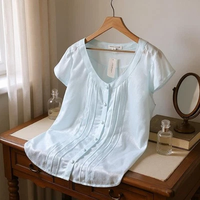 BANANA REPUBLIC 100% Silk Pleated Fringe Blouse Blue Button Down Womens XL - Image 1 of 4