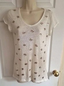 Mos Mosh NWT Cream Sequin Linen Short Sleeve T-shirt. Womens Xs - Picture 1 of 12