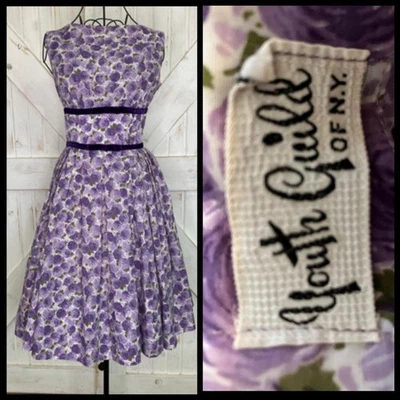 50's Vintage Youth Guild NY Purple White Green Floral Flower Pin Up Tea Dress - Image 1 of 4