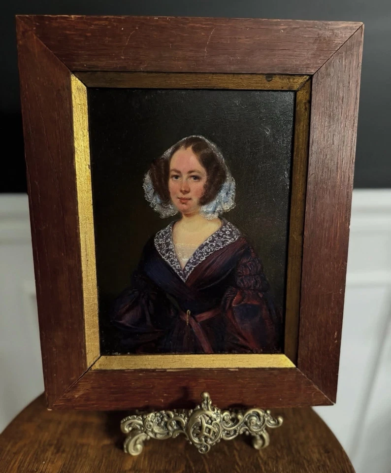 Lady in Plum — Retrato do século XIX - óleo antigo a bordo - Imagem 1 de 2