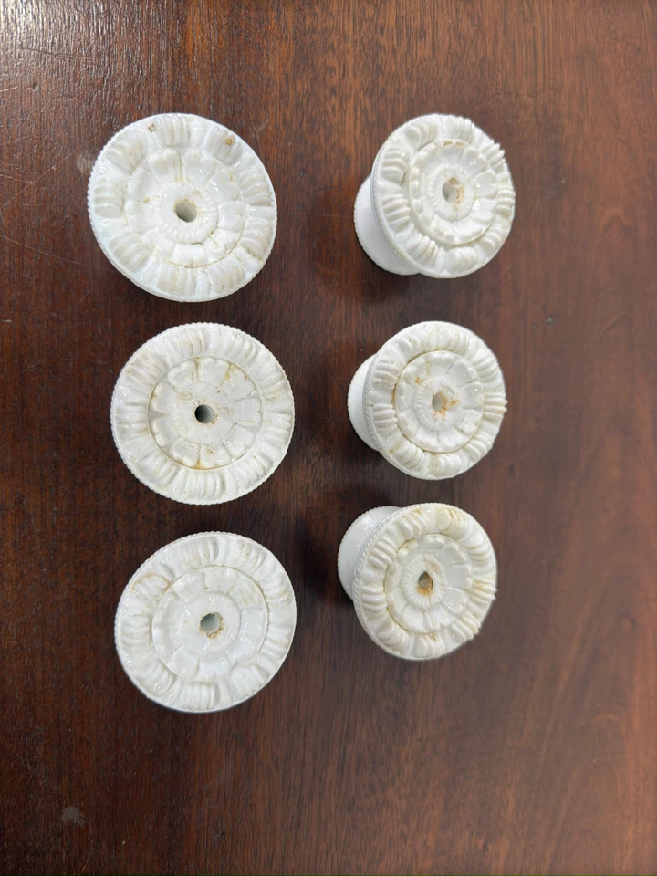 6 antique pressed glass sandwich 1840s dresser knobs split petal milk glass - Image 1 of 4