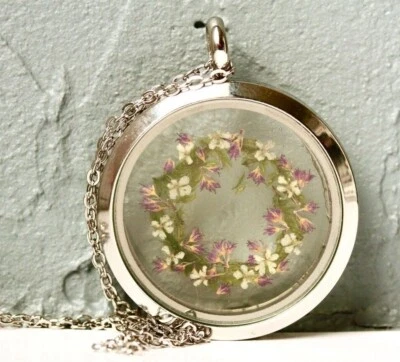 Medaillon silber Blüten Moos Edelstahl Kette Geschenk Frau Mutter Schwester - Bild 1 von 4