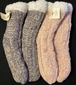 tucker & tate Girls Faux Fur Lined Knit Socks Size M/L 2 Pair Gray - Pink - Picture 1 of 6