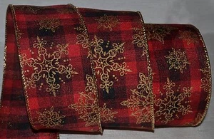 Wired Ribbon~Christmas Red Plaid~Black~Gold Snowflake~2.5"~Holiday~Wreath~Bow - Picture 1 of 1