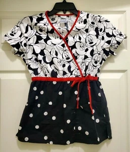 Disney Minnie Mouse Women’s Size S Scrub Top Polka Dot Black White Pockets Bow - Picture 1 of 6
