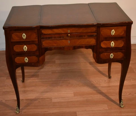 1880s Antique French Louis XV Walnut & Satinwood Coiffeuse Makeup Vanity desk Cover