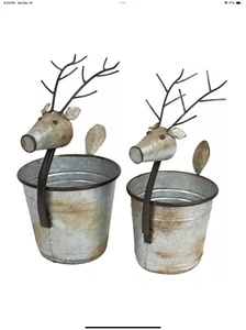 Rustic Metal Deer Container Set Two Indoor Outdoor Storage Tub Bucket Planter. - Picture 1 of 4