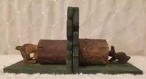 Vintage Wooden Homemade bookends Dog chasing Rabbit through log. CUTE!!! - Picture 1 of 6