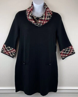 Vestido Suéter Marc New York Cuello Capucha Negro Pata de Gallo Mangas Campana Talla PL Foto 1 de 4