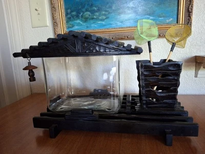 Antiguo acuario años 20 japonés madera pecera soporte y estuche batería cuenco vintage  Foto 1 de 4