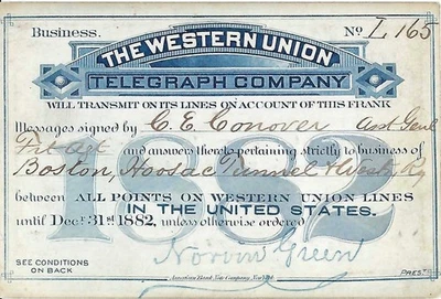1882 The Western Union Telegraph Company Annual Business Pass - Image 1 of 2