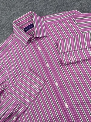 Camisa de Vestir Ralph Lauren Etiqueta Púrpura Para Hombres 14.5 Rosa Rayas Puño Francés Italia Foto 1 de 4