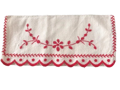 Linge ancien Porte serviette, pochette, lin blanc, belle broderie main rouge - Photo 1/3